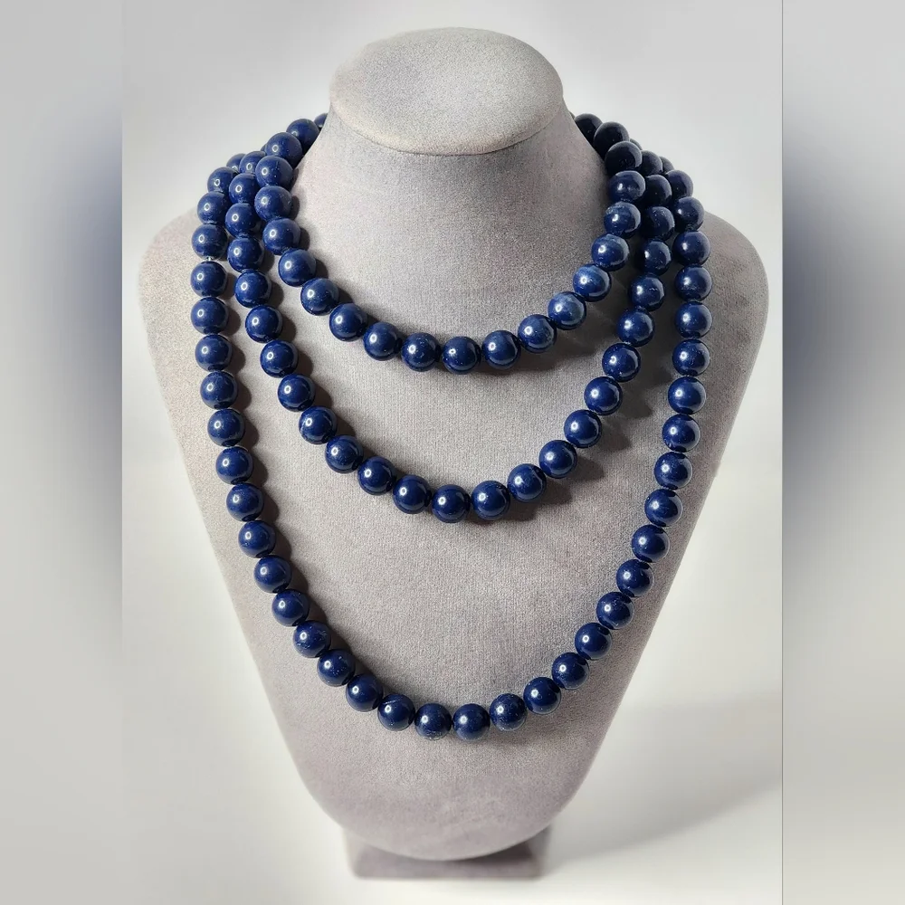 Vintage Navy Blue Acrylic Extra Long Beaded Necklace